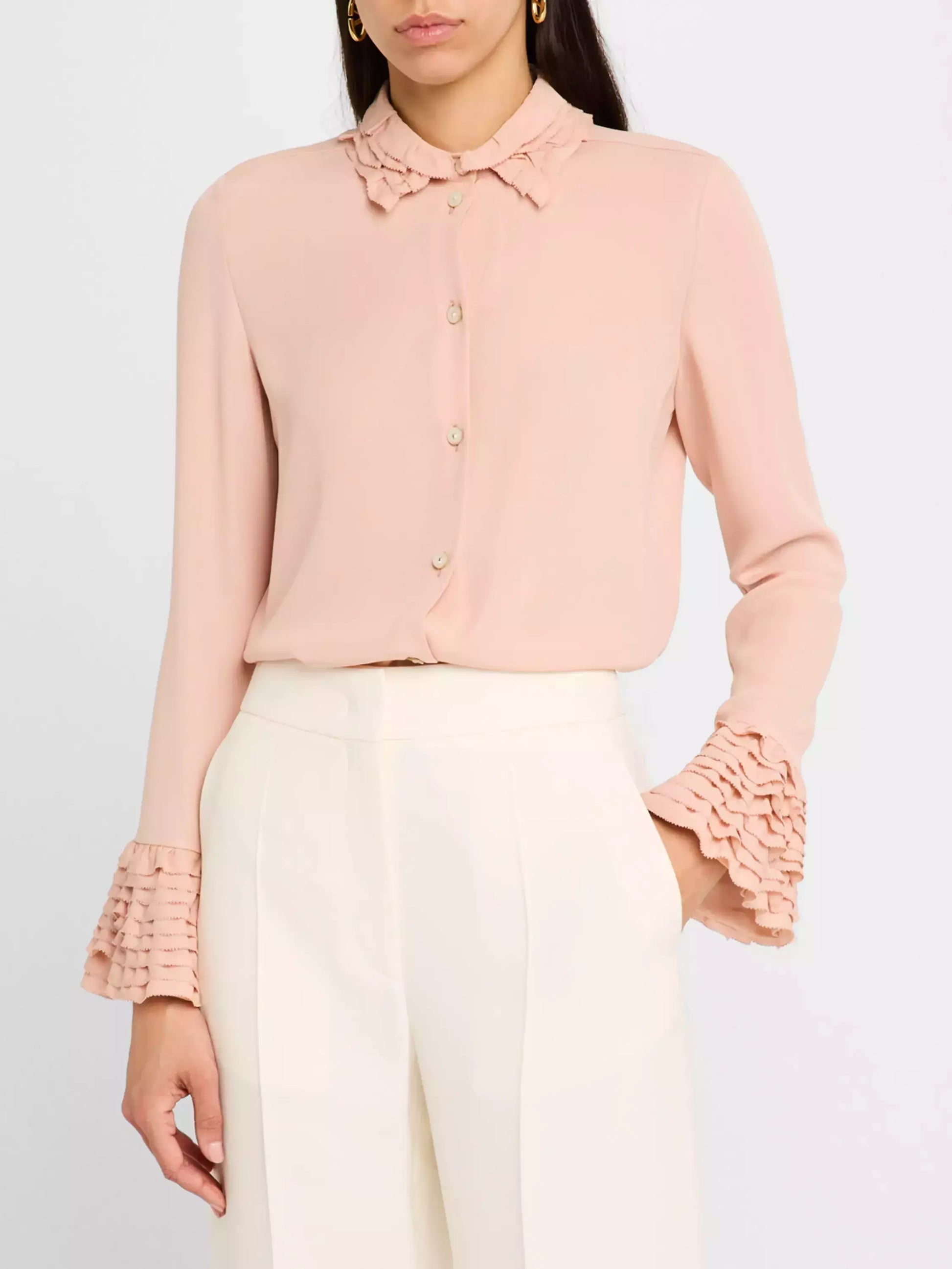 Tiered Ruffle Trim Button Down Silk Blouse - Tops