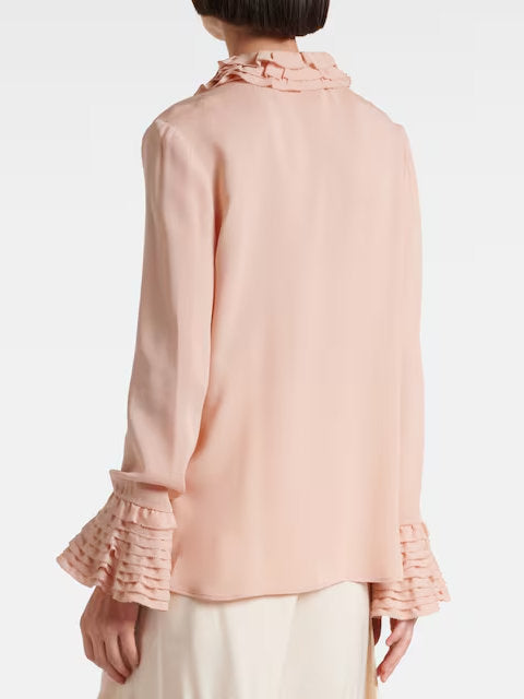 Tiered Ruffle Trim Button Down Silk Blouse - Tops
