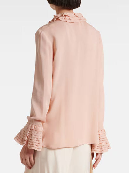 Tiered Ruffle Trim Button Down Silk Blouse - Tops