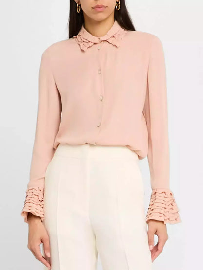 Tiered Ruffle Trim Button Down Silk Blouse - Tops