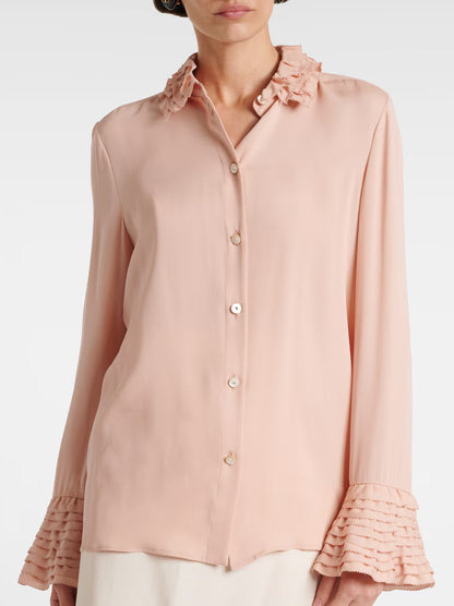Tiered Ruffle Trim Button Down Silk Blouse - Tops