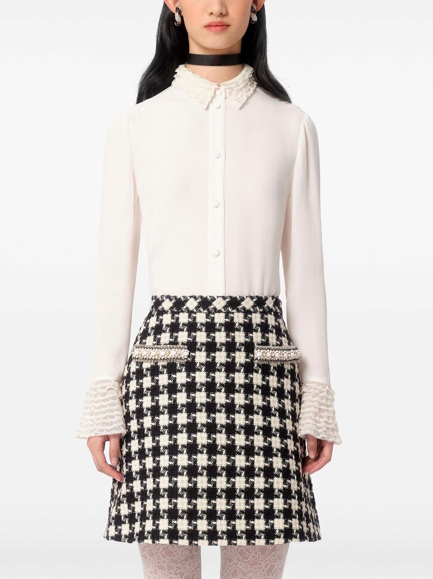 Tiered Ruffle Trim Button Down Silk Blouse - Tops