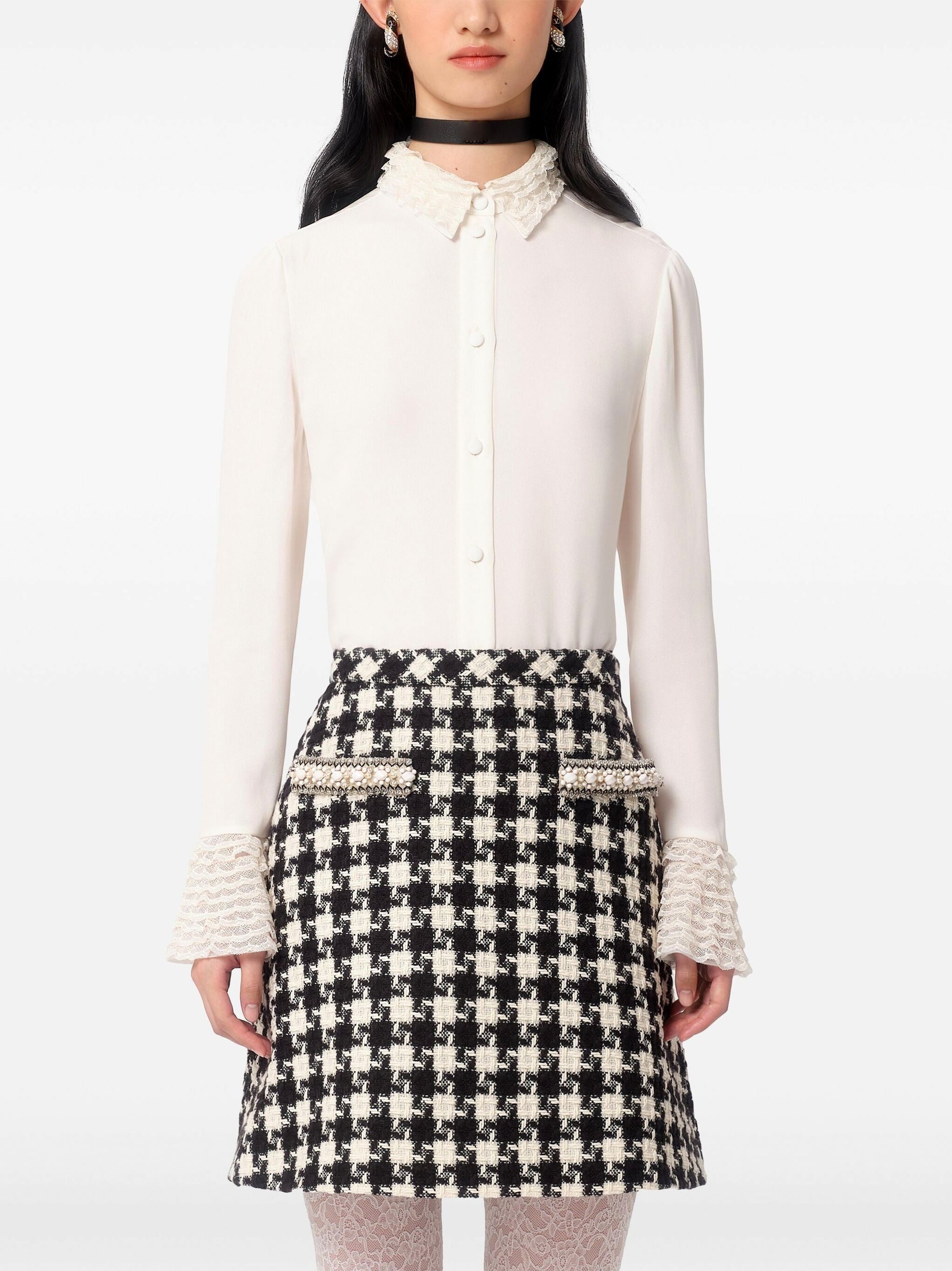 Tiered Ruffle Trim Button Down Silk Blouse - Tops