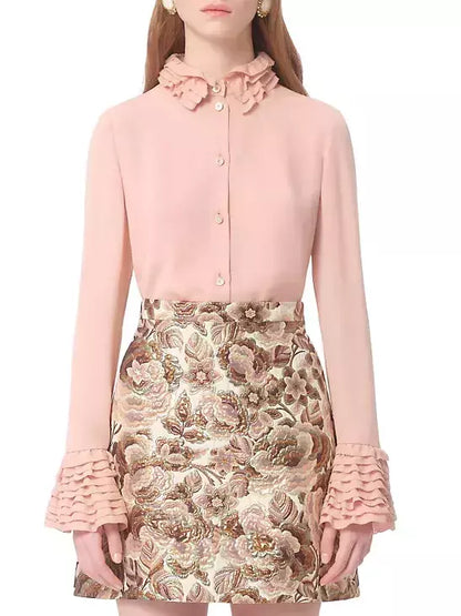 Tiered Ruffle Trim Button Down Silk Blouse - Tops