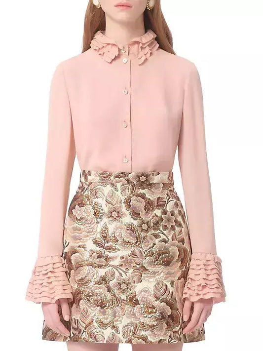 Tiered Ruffle Trim Button Down Silk Blouse - Tops