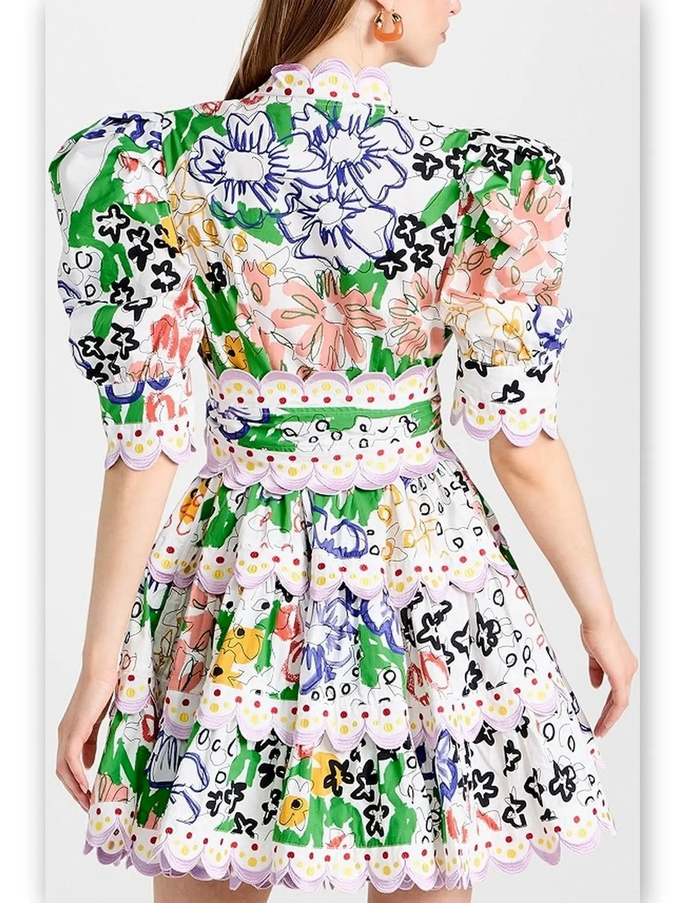 Tiered Scalloped Puff-Sleeve Multicolor Floral-Printed Mini Dress - Dresses