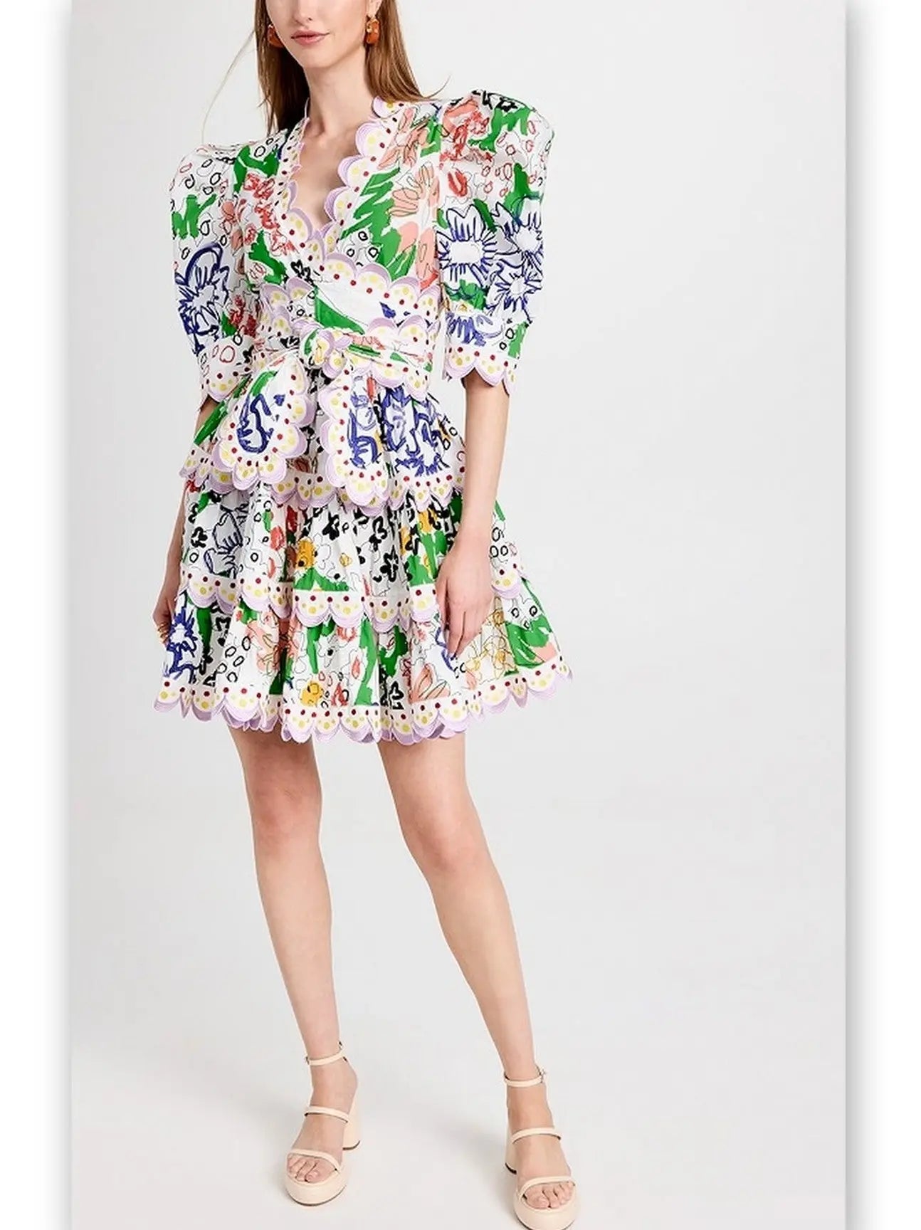 Tiered Scalloped Puff-Sleeve Multicolor Floral-Printed Mini Dress - Dresses