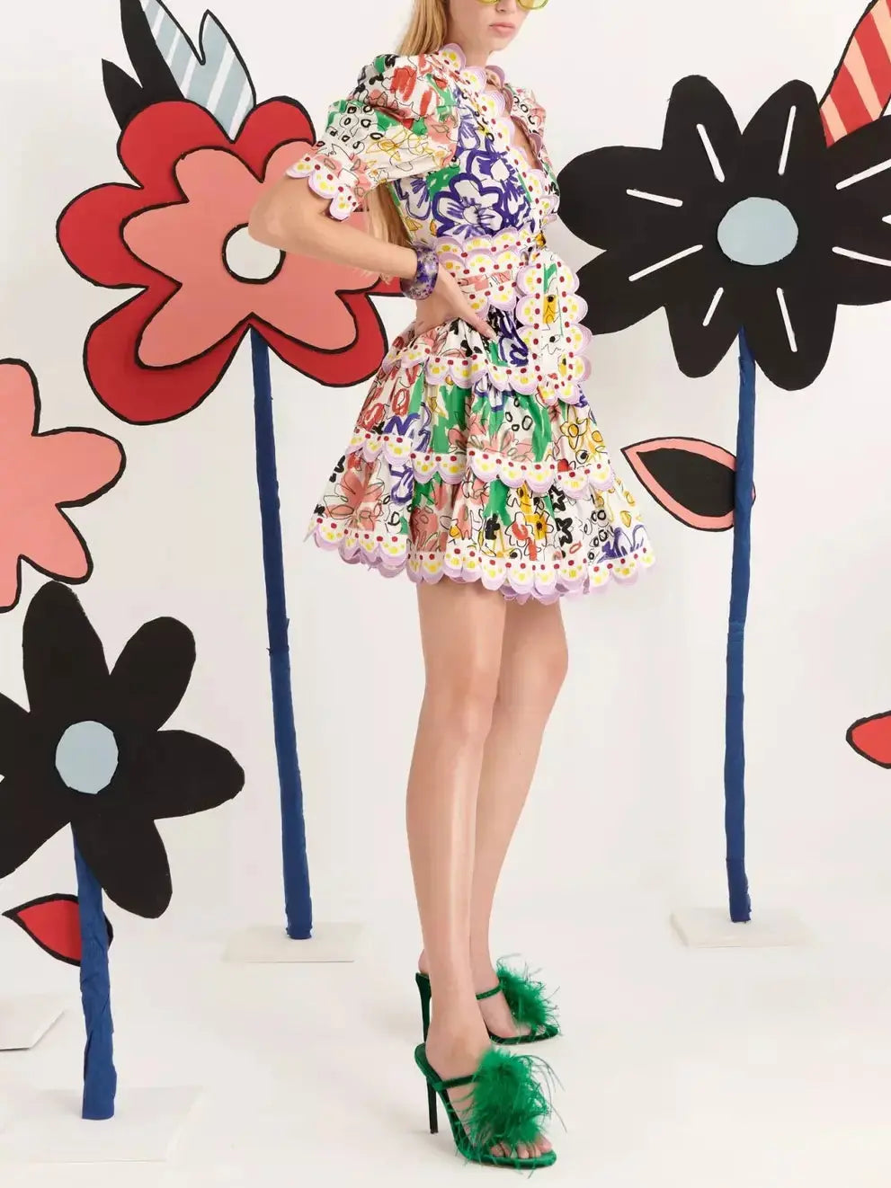 Tiered Scalloped Puff-Sleeve Multicolor Floral-Printed Mini Dress - Dresses