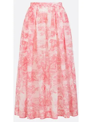 Toile de Jouy Cotton White and Candy Pink Flared Mid-Length Skirt - small - Skirts