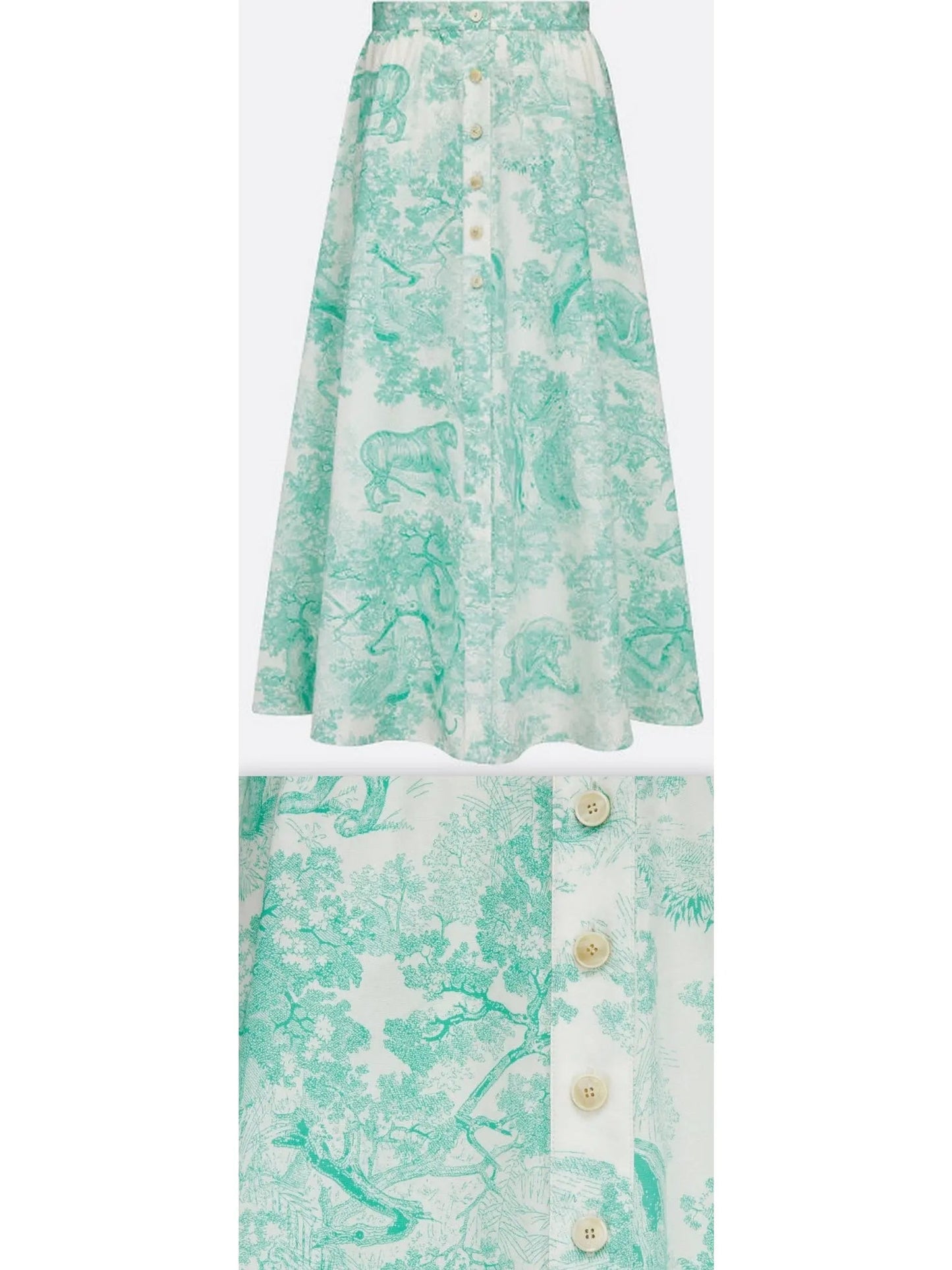 Toile de Jouy Print Mid-Length Skirt in White and Aquamarine/Green - small - Skirts