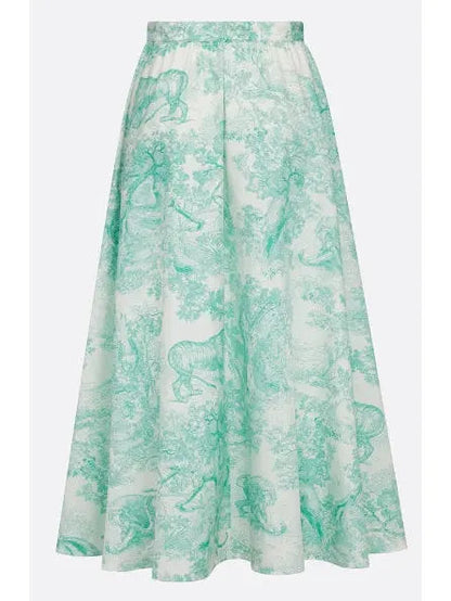 Toile de Jouy Print Mid-Length Skirt in White and Aquamarine/Green - Skirts