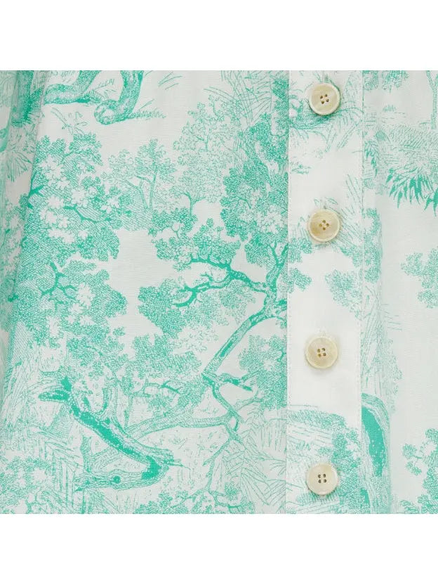 Toile de Jouy Print Mid-Length Skirt in White and Aquamarine/Green - Skirts