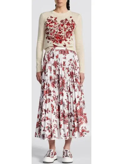 Toile de Jouy Red and White Printed Mid-Length Pleated Skirt - s - Skirts