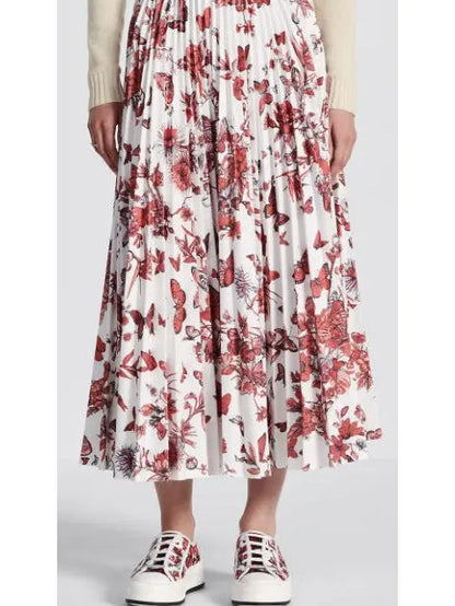 Toile de Jouy Red and White Printed Mid-Length Pleated Skirt - Skirts