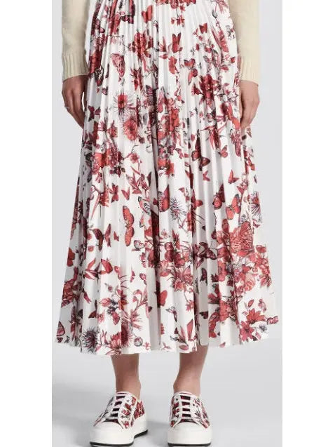 Toile de Jouy Red and White Printed Mid-Length Pleated Skirt - Skirts