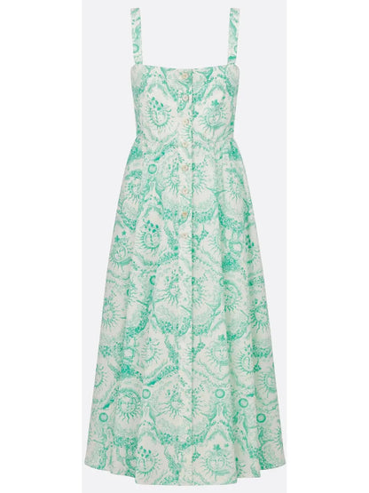 Toile de Jouy Soleil Motif Flared Mid-Length Dress in White and Aquamarine - small - Dresses