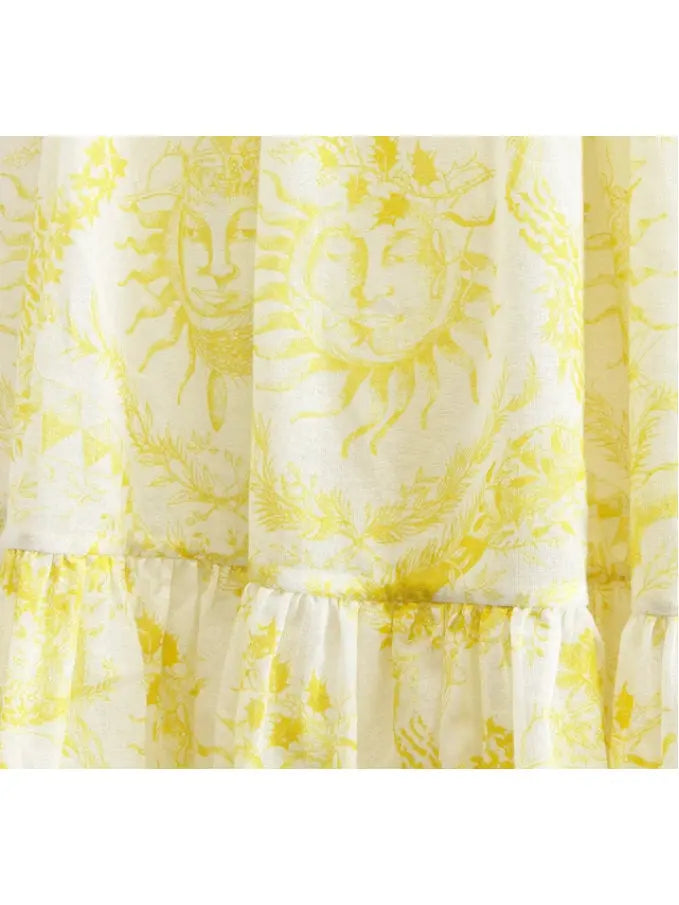 Toile de Jouy Sun Print White and Lemon Yellow Mid-Length Skirt - Skirts