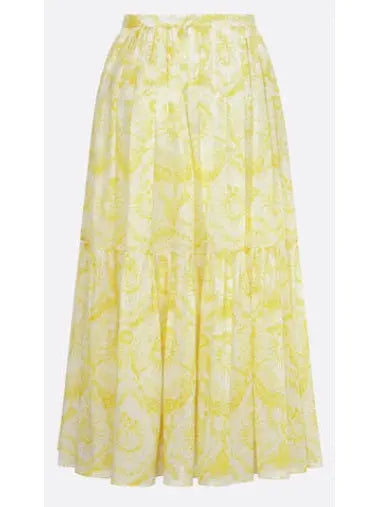 Toile de Jouy Sun Print White and Lemon Yellow Mid-Length Skirt - Skirts