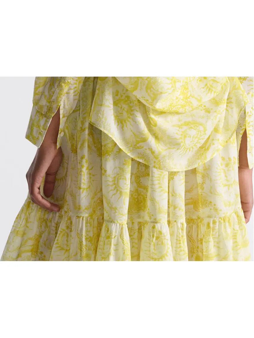 Toile de Jouy Sun Print White and Lemon Yellow Mid-Length Skirt - Skirts