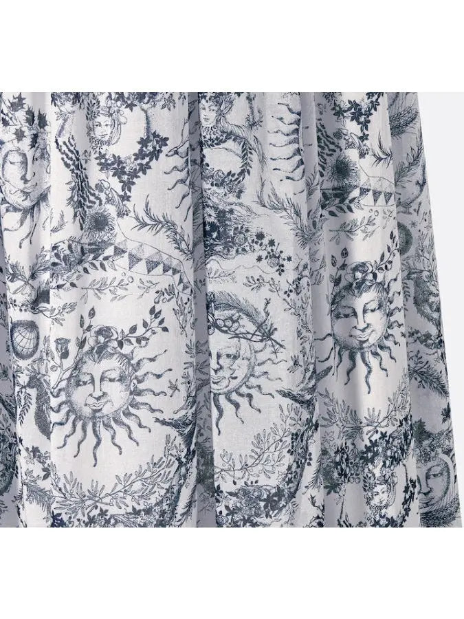 Toile de Jouy Sun Printed Cotton Voile White and Navy Blue Flared Mid-Length Skirt - Skirts