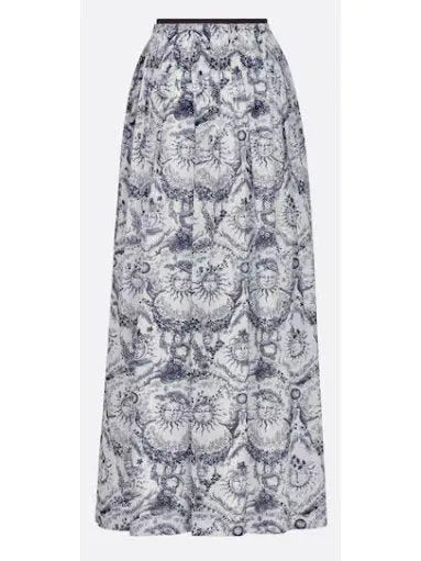 Toile de Jouy Sun Printed Cotton Voile White and Navy Blue Flared Mid-Length Skirt - Skirts