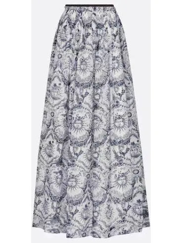 Toile de Jouy Sun Printed Cotton Voile White and Navy Blue Flared Mid-Length Skirt - s - Skirts