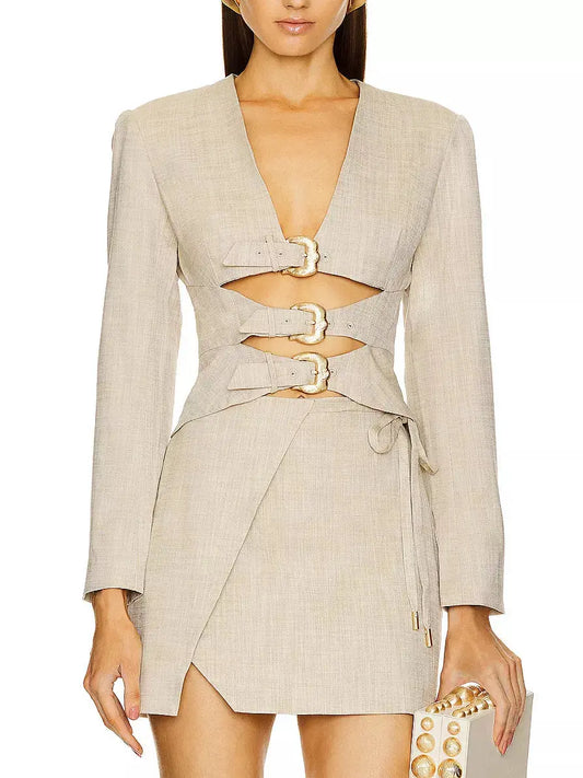 Triple-Buckled Cropped Jacket and Tie-Wrap Mini Skirt Set - Suits & Sets