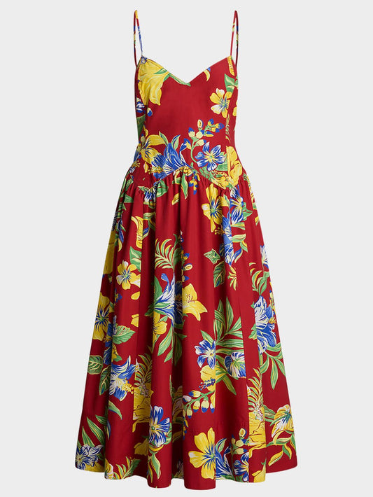 Tropical-Floral Print Fit and Flare Midi Dress - Dresses