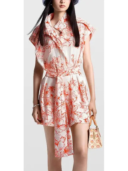 Tropical Floral Printed Mini Shirt Dress - Dresses