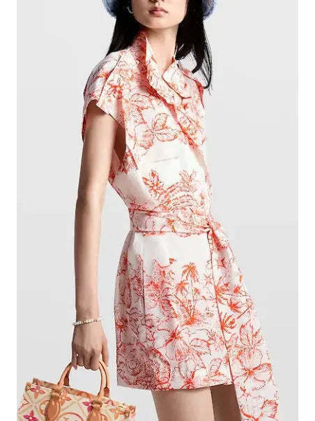 Tropical Floral Printed Mini Shirt Dress - Dresses