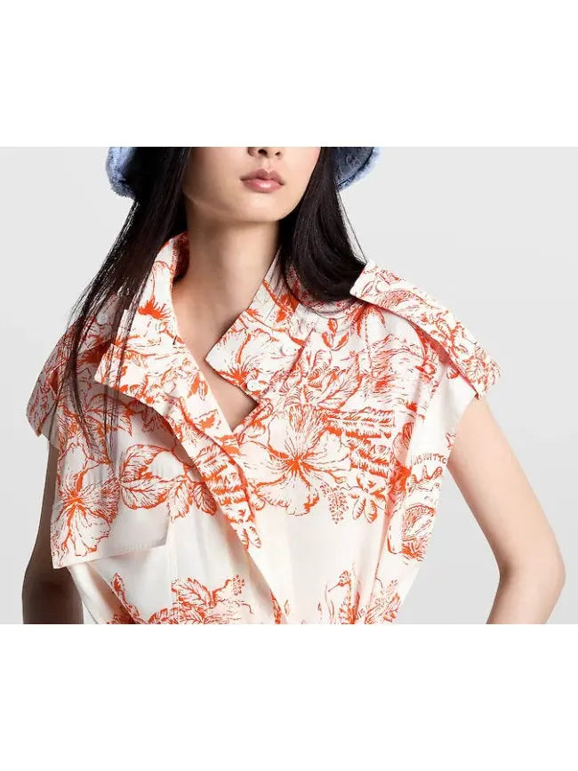 Tropical Floral Printed Mini Shirt Dress - Dresses