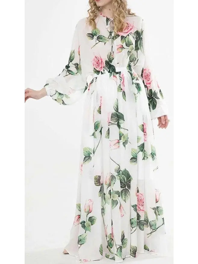 Tropical Rose Print Chiffon Maxi Dress - Dresses