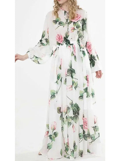 Tropical Rose Print Chiffon Maxi Dress - Dresses