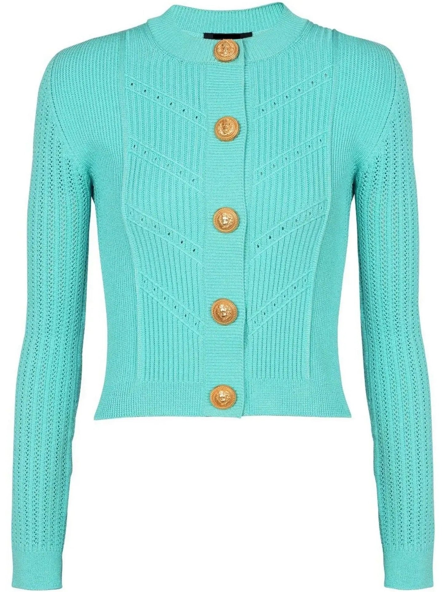 Turquoise Knit Button-Embossed Cardigan - Sweaters & Knitwear