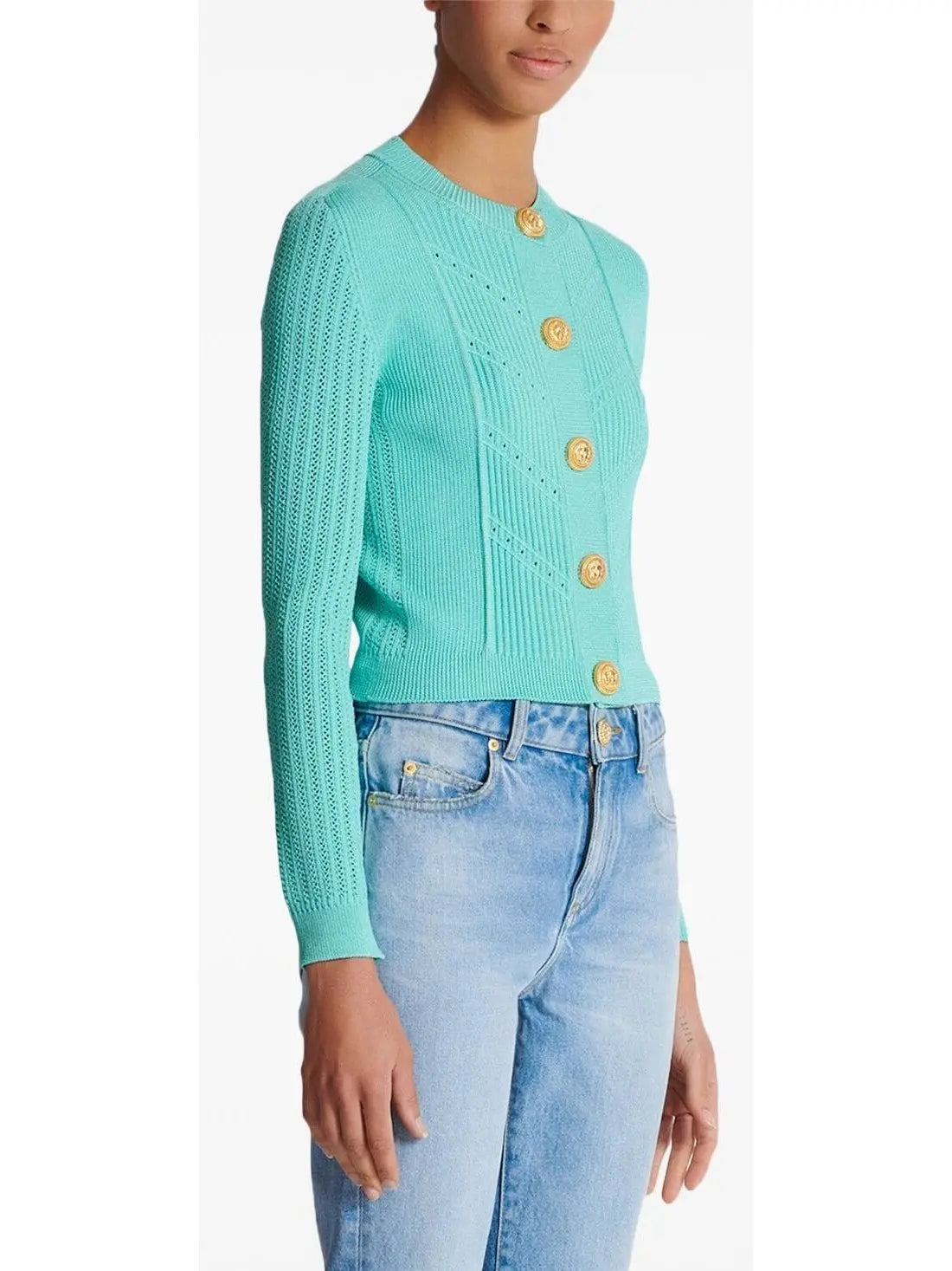 Turquoise Knit Button-Embossed Cardigan - Sweaters & Knitwear