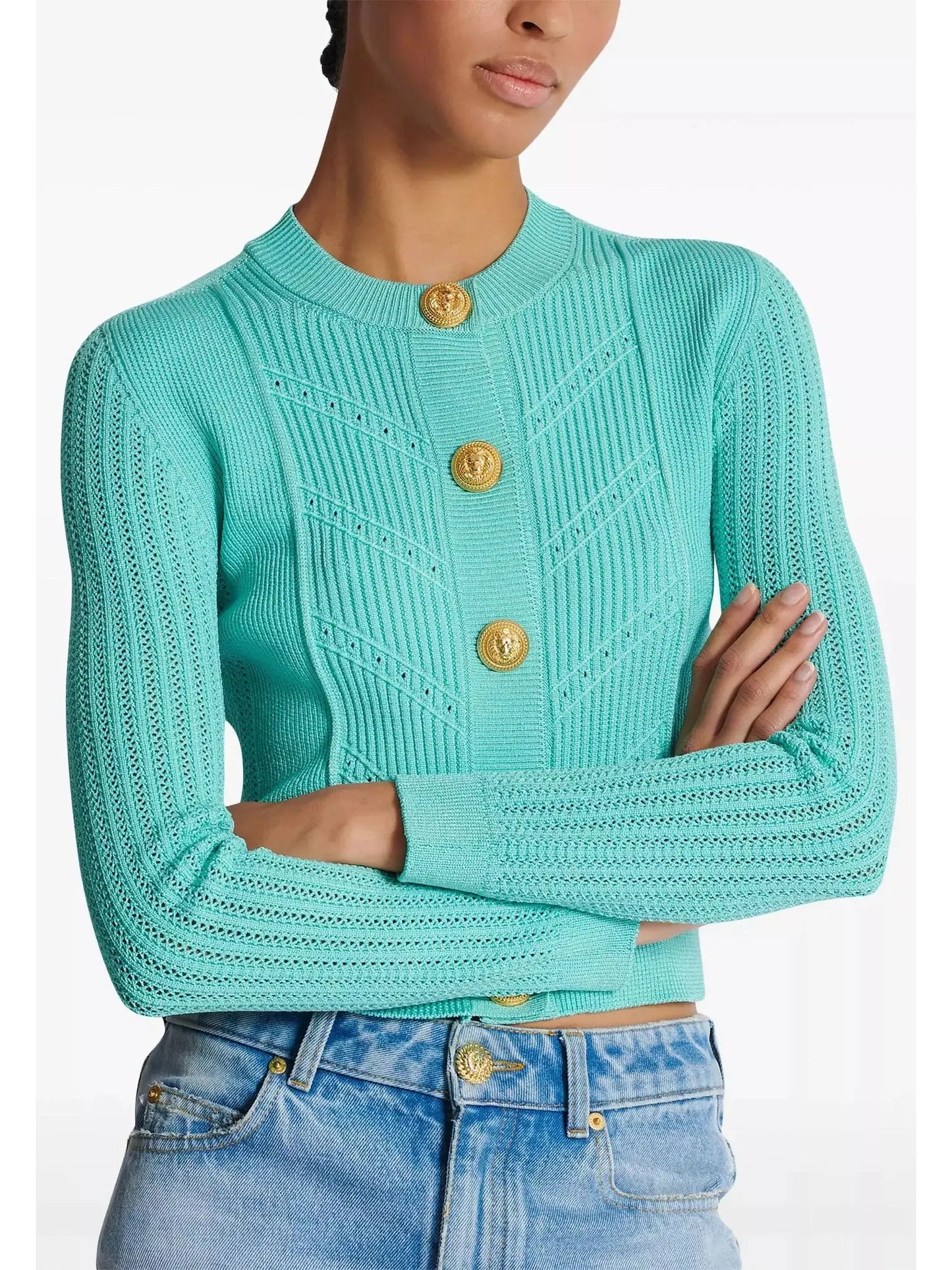 Turquoise Knit Button-Embossed Cardigan - Sweaters & Knitwear