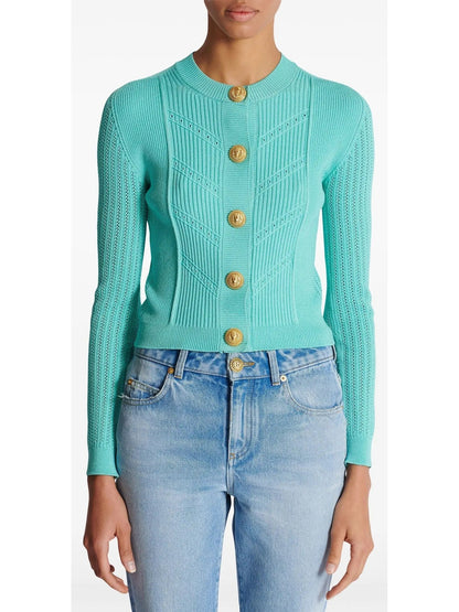 Turquoise Knit Button-Embossed Cardigan - Sweaters & Knitwear