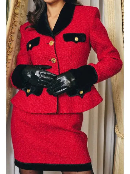 Tweed Blazer and Skirt Set in Red with Black Trim - Suits & Sets