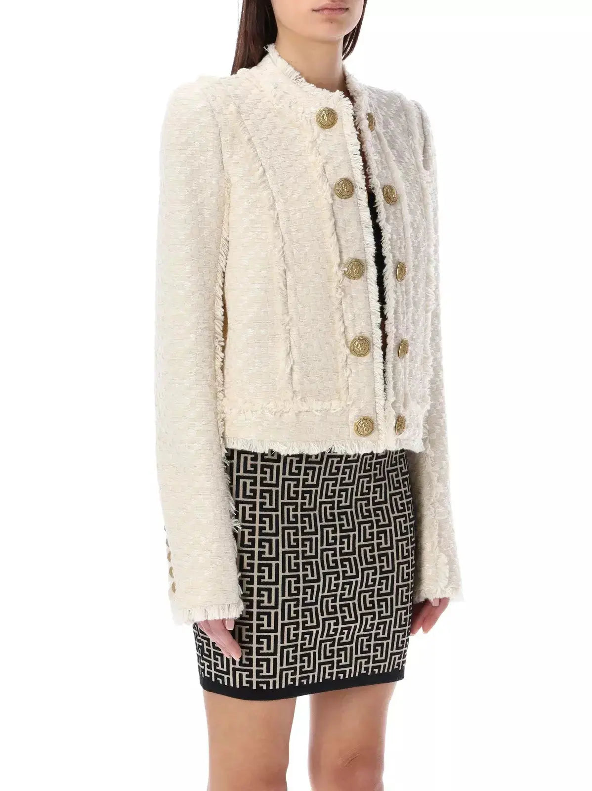 Tweed Fringed-Trim Buttoned Jacket - Jackets