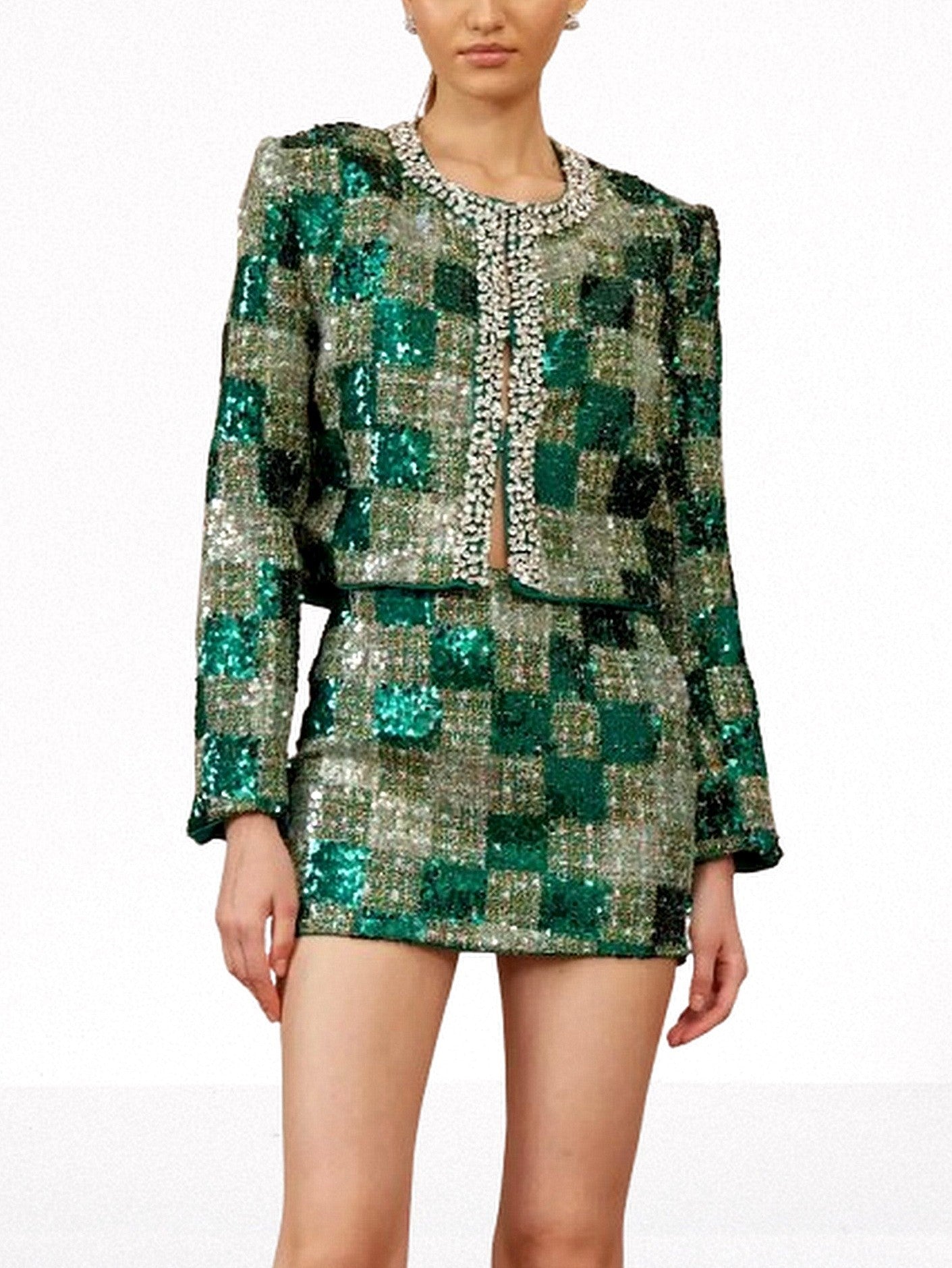 Tweed Sequin Embellished Jacket & Skirt Set - Suits & Sets
