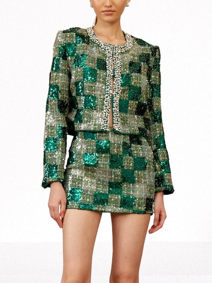 Tweed Sequin Embellished Jacket & Skirt Set - Suits & Sets