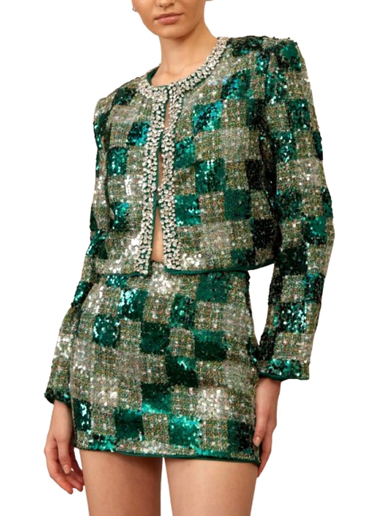 Tweed Sequin Embellished Jacket & Skirt Set - Suits & Sets