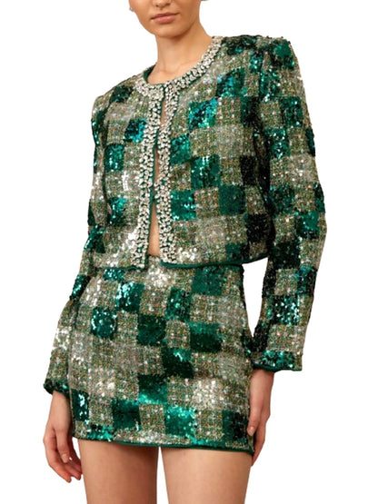 Tweed Sequin Embellished Jacket & Skirt Set - Suits & Sets