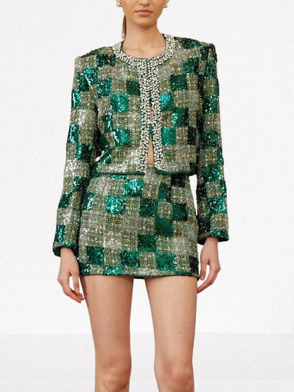 Tweed Sequin Embellished Jacket & Skirt Set - Suits & Sets