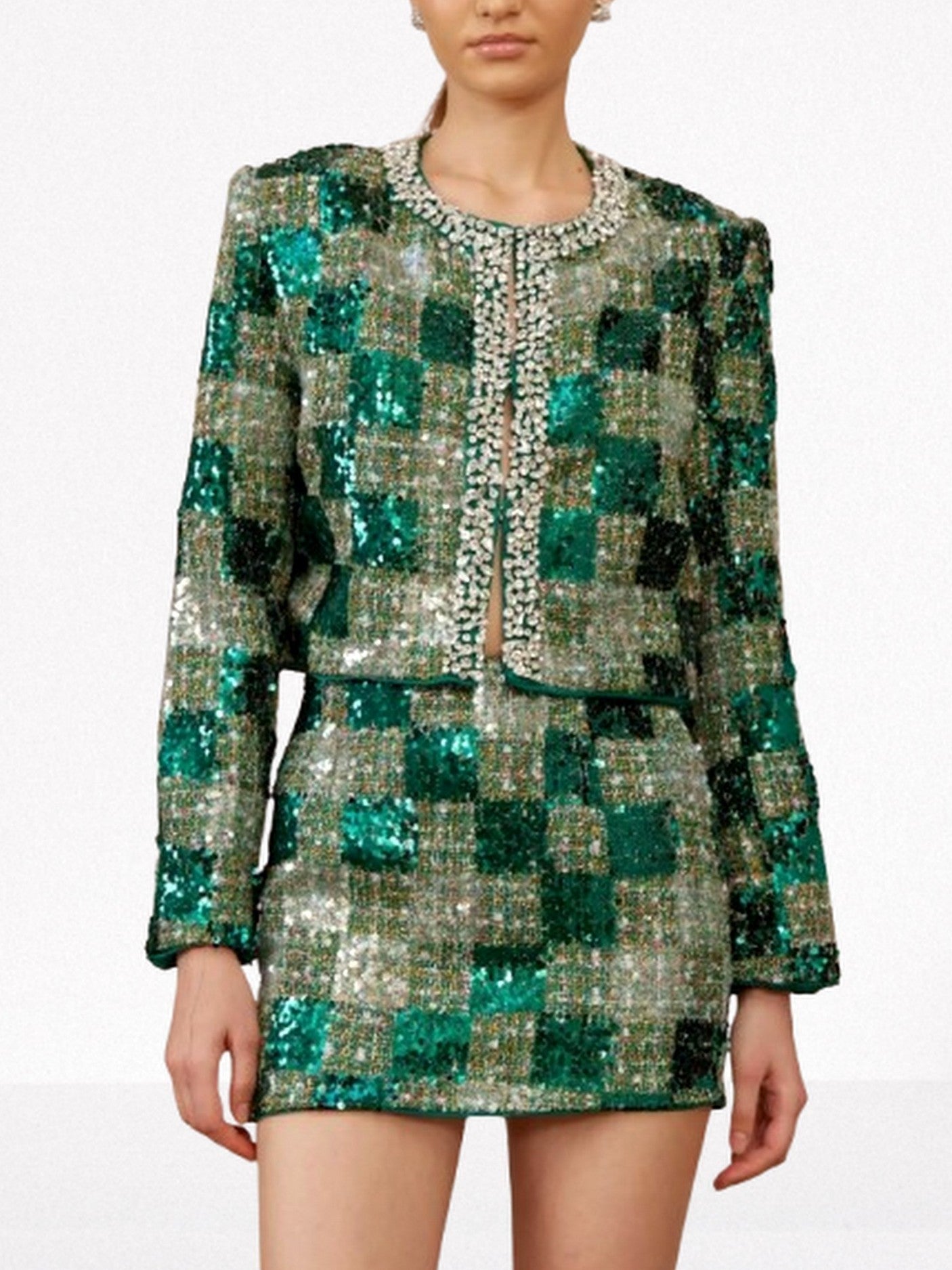 Tweed Sequin Embellished Jacket & Skirt Set - Suits & Sets
