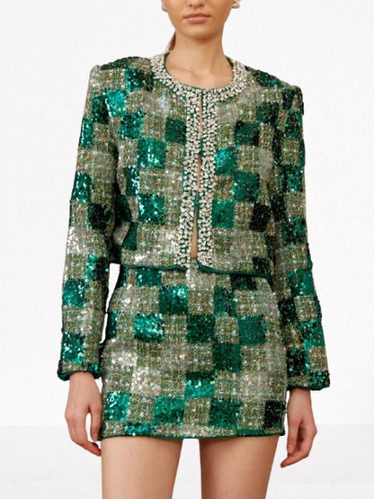 Tweed Sequin Embellished Jacket & Skirt Set - Suits & Sets