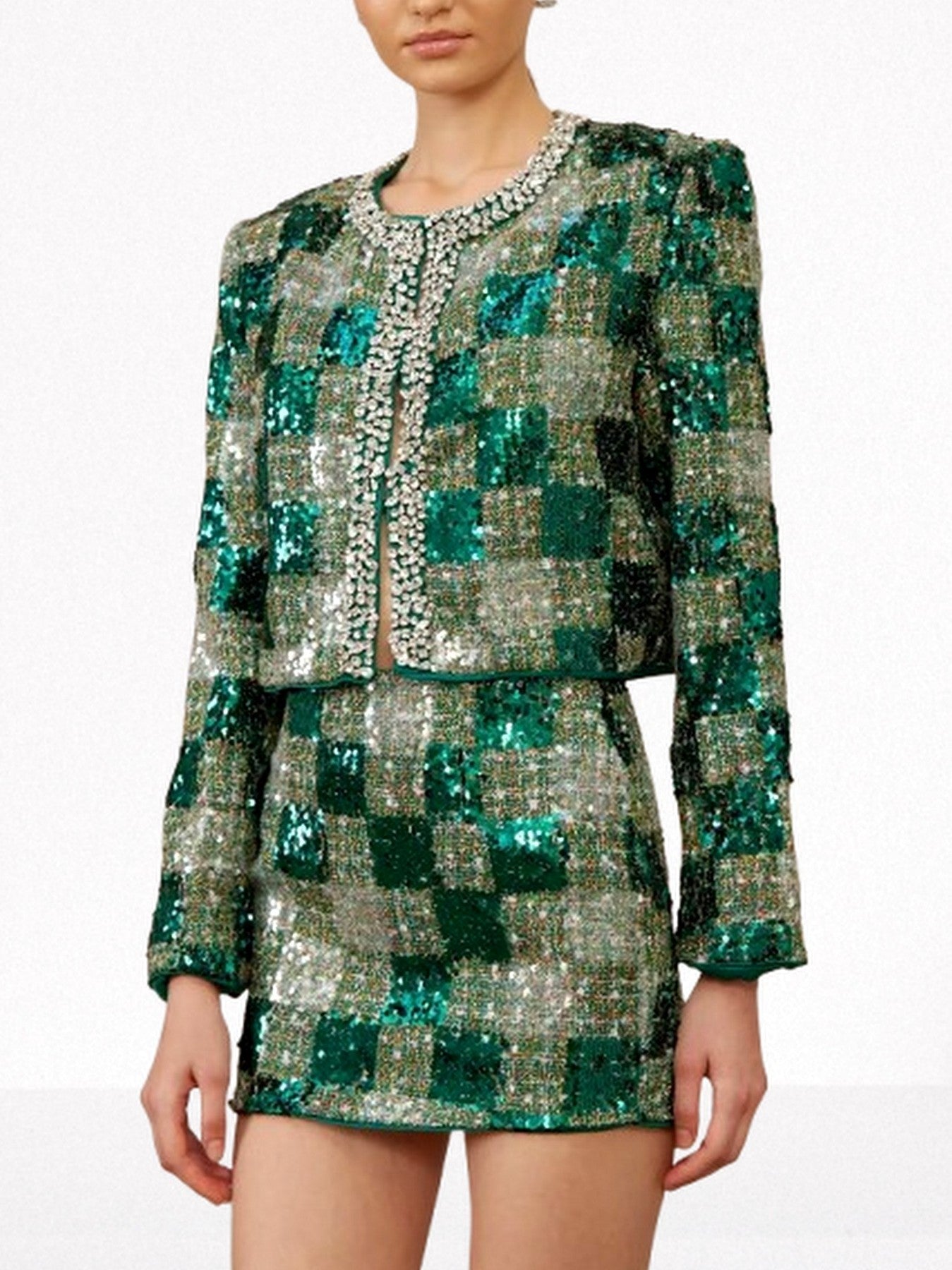 Tweed Sequin Embellished Jacket & Skirt Set - Suits & Sets