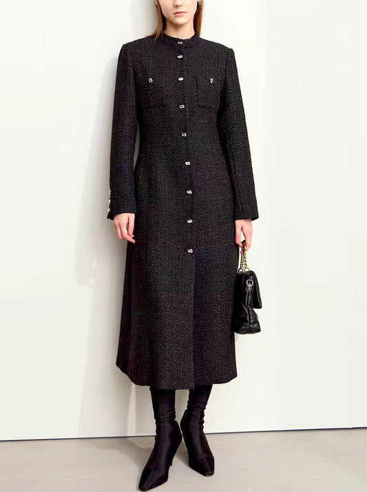 Tweed Wool-Blend Long Cardigan Coat in Black - Coats