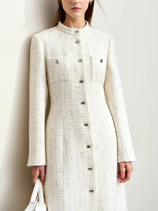 Tweed Wool-Blend Long Cardigan Coat in Ecru - Coats