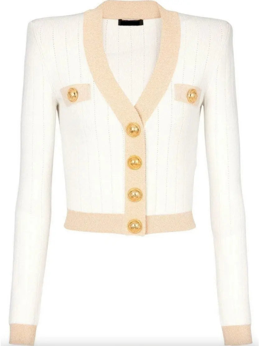 Two-Tone Buttoned Cardigan Sweater in White - Sweaters & Knitwear